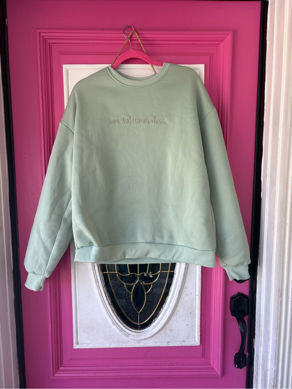 Sage Green Embroidered 'overstimulated.' Sweatshirt - Picture 5 of 5